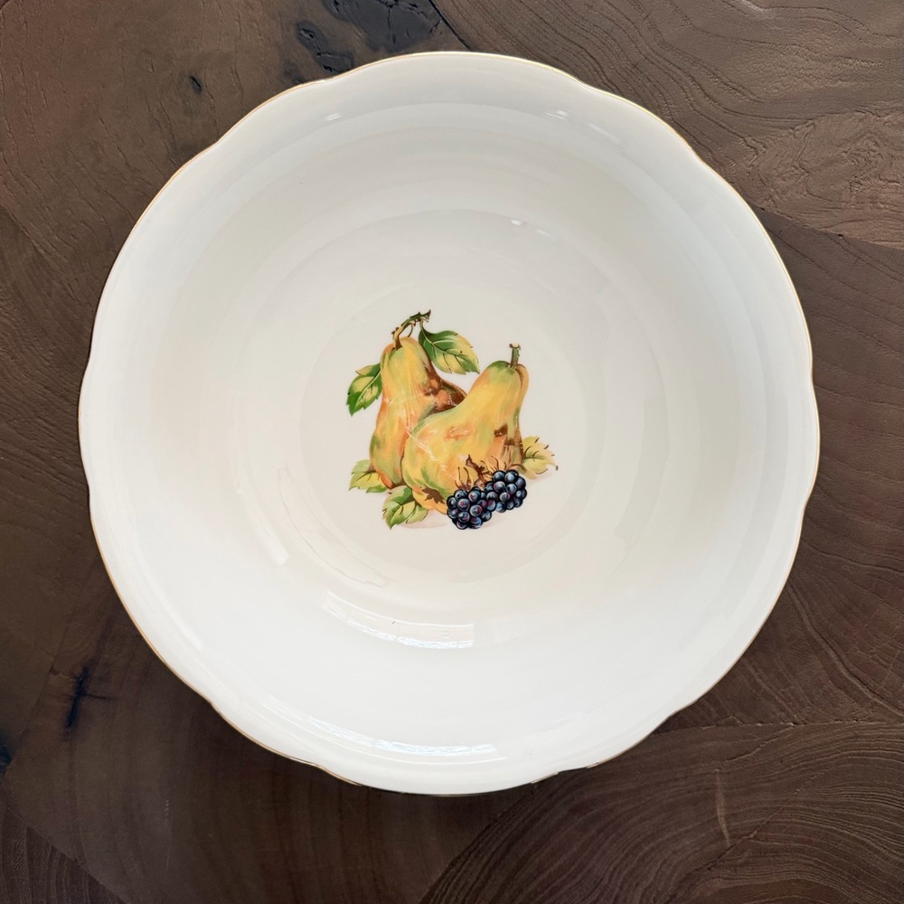 Vintage MZ Austria White Ceramic Fruit-Accent Serving Bowl with Gold Rim
